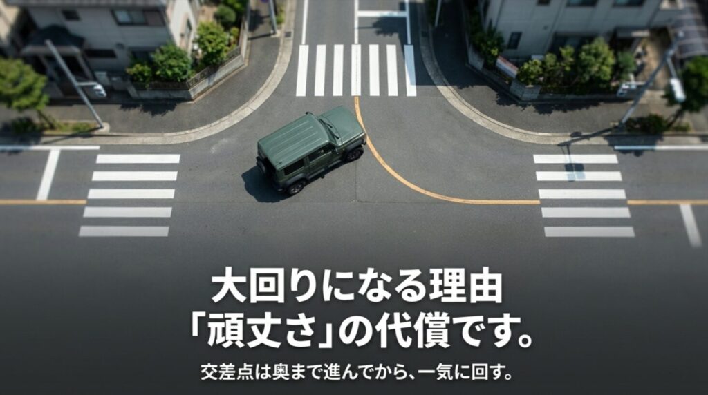 頑丈さの代償としての最小回転半径と、交差点を奥まで進んでから回るコツを解説したスライド