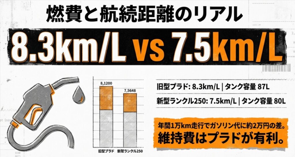 プラドとランクル250の燃費（8.3km/L vs 7.5km/L）とタンク容量の違い、年間ガソリン代の差をまとめたグラフ 。