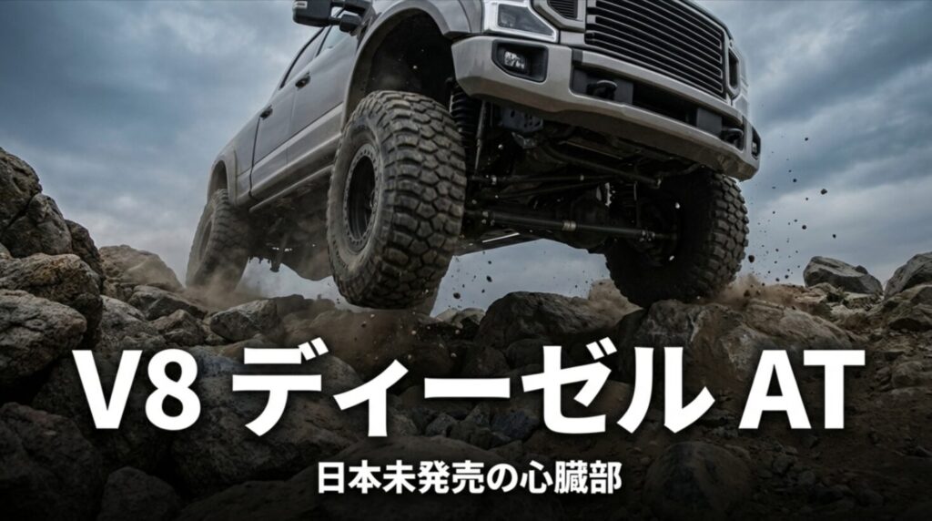 ランクル70の日本未発売スペックであるV8ディーゼルエンジンとAT仕様を紹介するスライド。