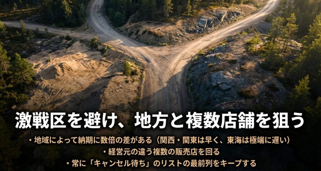 関東・関西と東海の納期差や、複数店舗を回る重要性を示すスライド 。