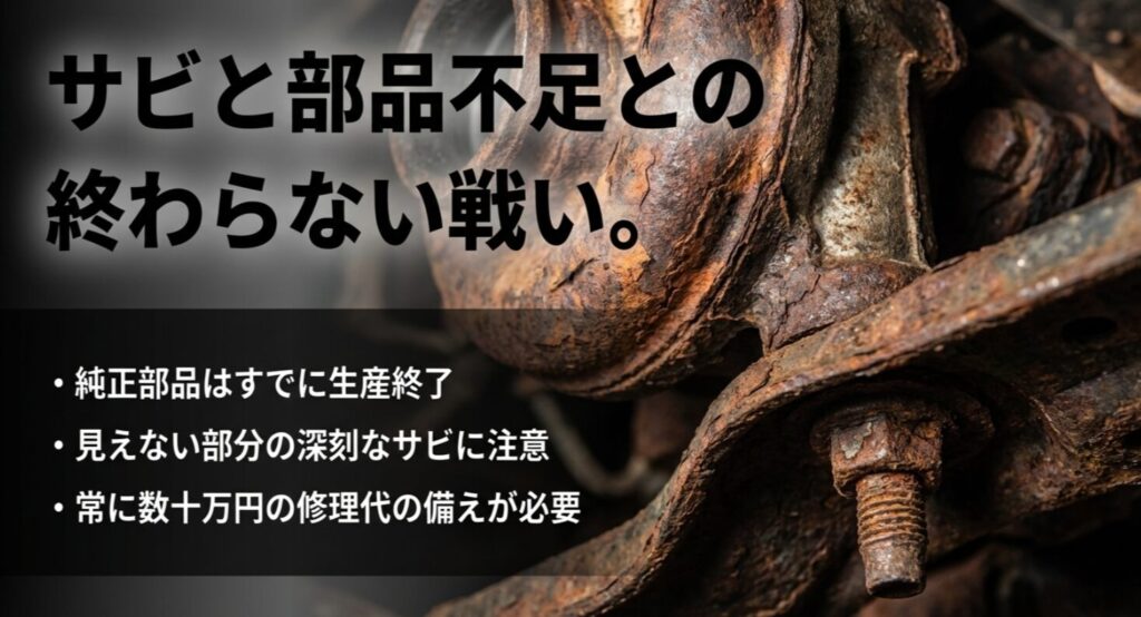 生産終了した純正部品と、深刻なサビへの注意、修理代への備えについての解説。