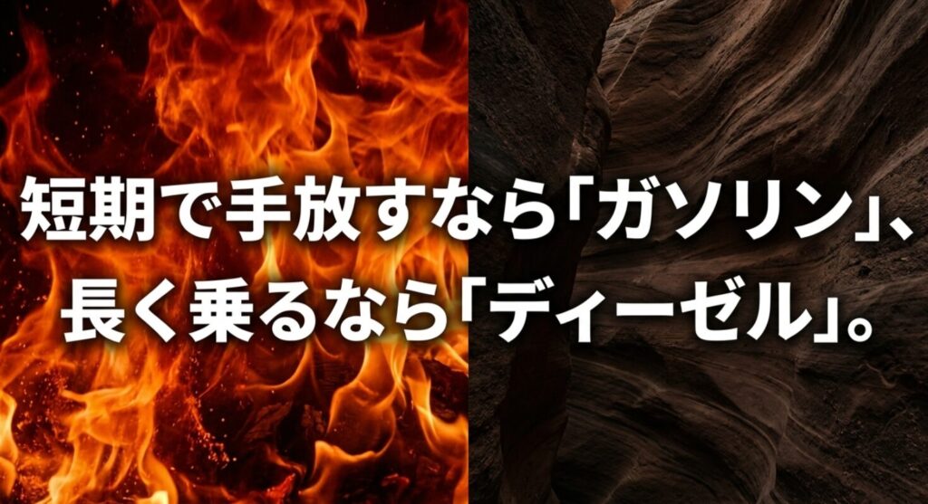 所有期間に応じてガソリン車とディーゼル車のどちらを選ぶべきかリセール視点でまとめたスライド。