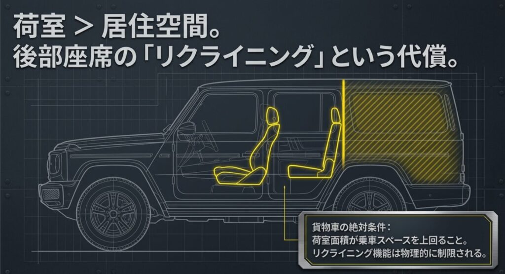 貨物車の条件として荷室面積が乗車スペースを上回る必要があり、リクライニングが制限される仕組みの解説図