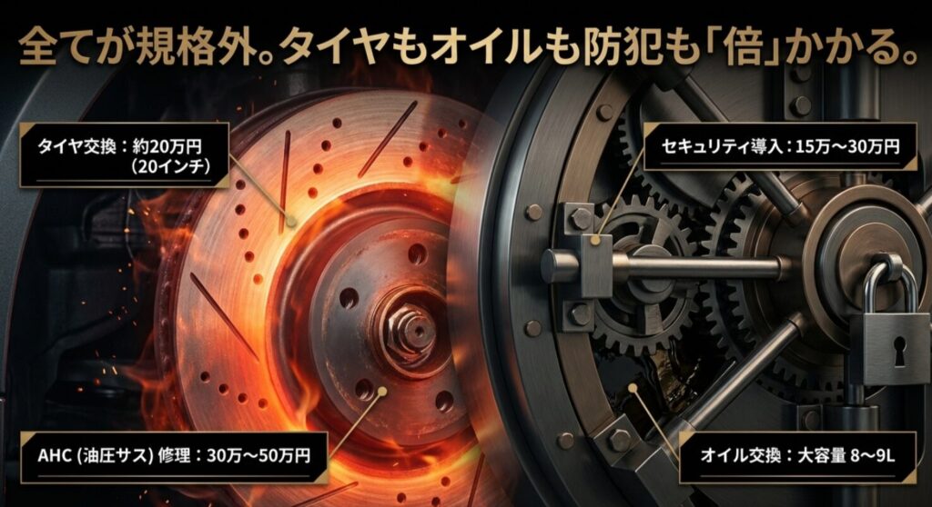 20インチタイヤ交換20万円、セキュリティ導入30万円、AHC修理50万円など高額な整備費用の内訳