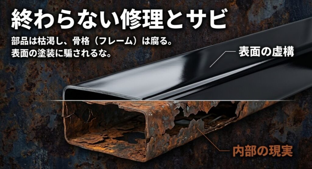 ランクル40の部品枯渇と骨格（フレーム）のサビ・腐食リスクを警告するスライド
