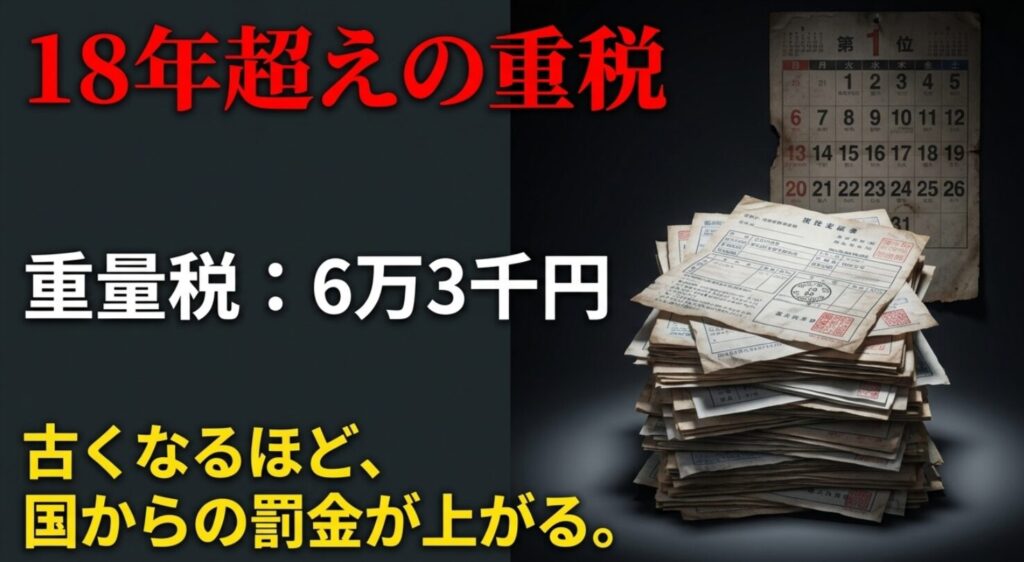 重量税6万3千円など、古くなるほど上がっていく自動車関係の重課税を説明するスライド
