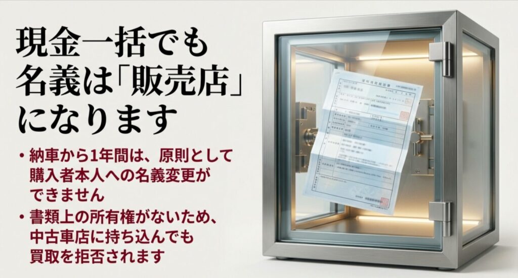納車から1年間は販売店名義となり、所有権がないため中古車店での買取が拒否される仕組み
