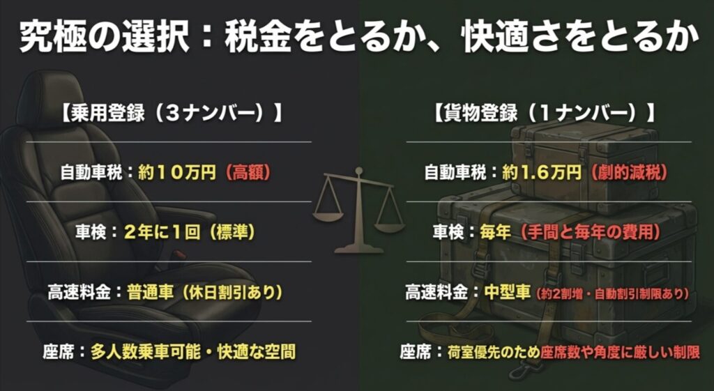 ランドクルーザー100の1ナンバー（貨物）と3ナンバー（乗用）における、自動車税、車検周期、高速料金、座席制限の違いを比較した表