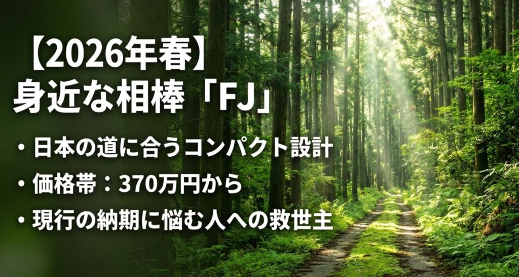日本の道に合うコンパクト設計と370万円からの価格設定が特徴のFJ紹介スライド。