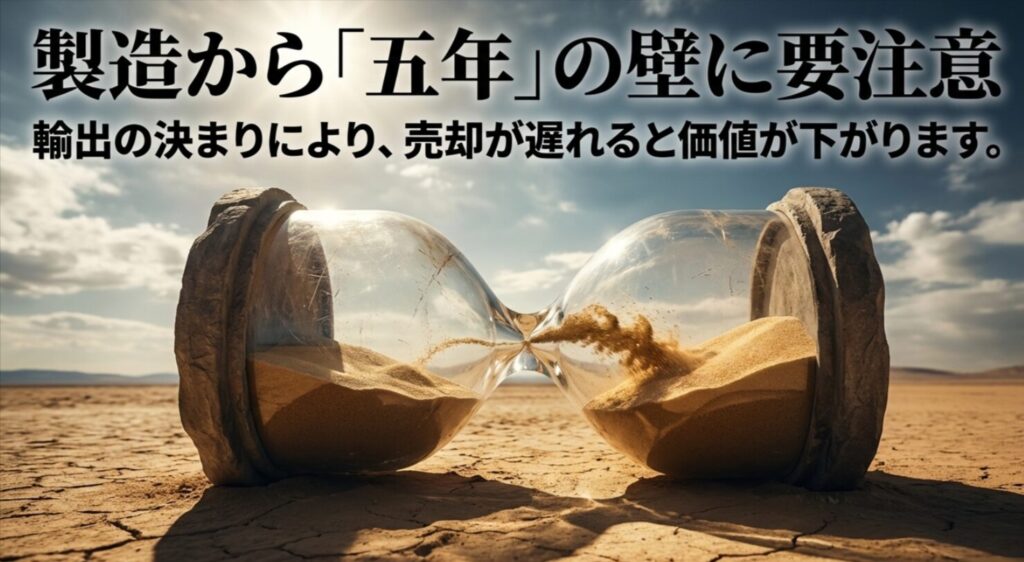 輸出の決まりによる製造5年の壁と、売却が遅れることによる価値低下のリスクを解説した画像
