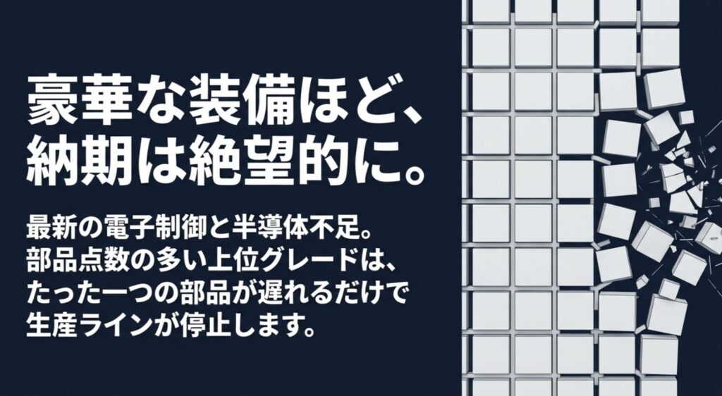 電子制御と半導体不足により、部品点数の多い上位グレードほど生産ラインが停止しやすい状況を解説するスライド