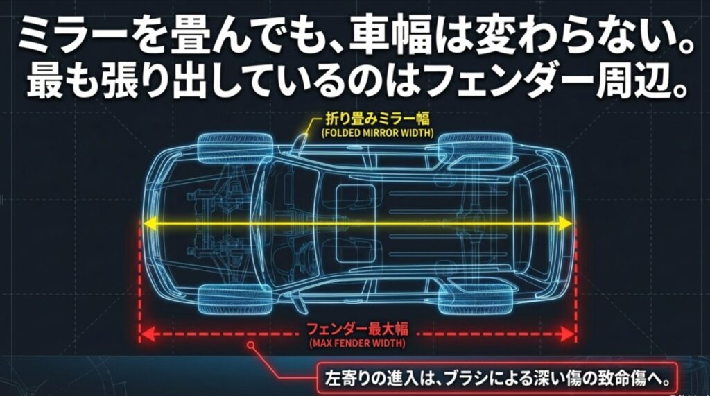ミラーを畳んでも変わらないプラドのフェンダー最大幅と左寄り進入によるブラシ接触リスクの解説図