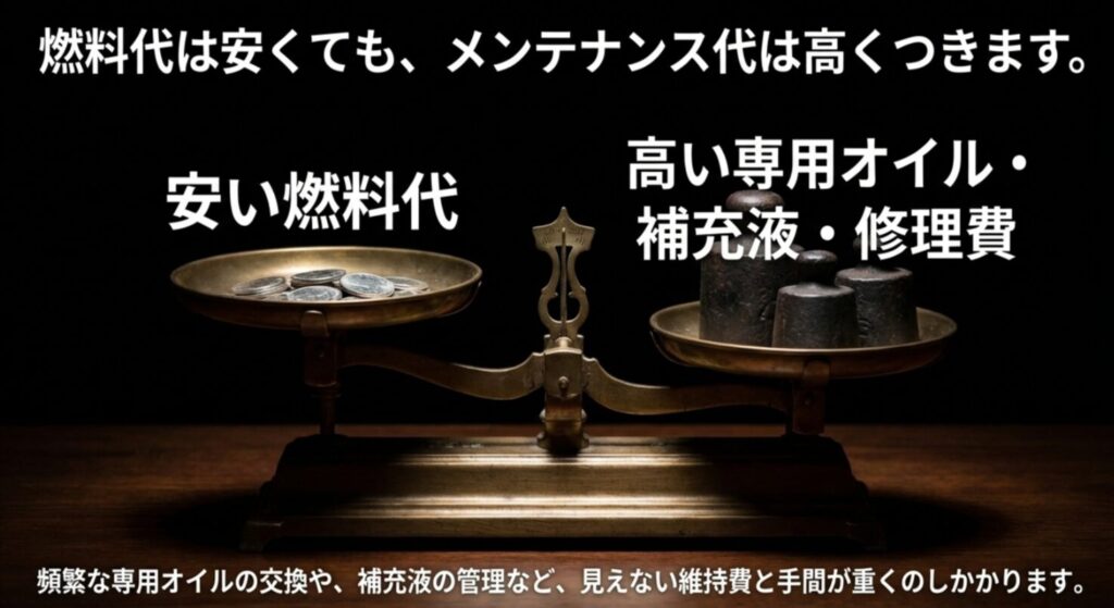 安い燃料代を相殺する高い専用オイルや管理の手間について比較したスライド