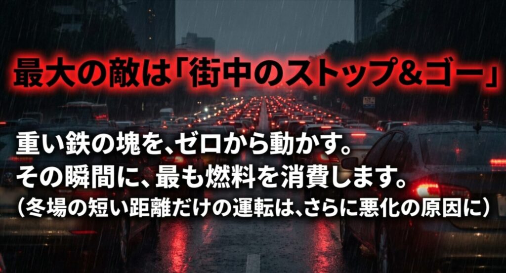 街中のストップ＆ゴーが最大の敵であり、重い鉄の塊をゼロから動かす瞬間に最も燃料を消費することを解説したスライド