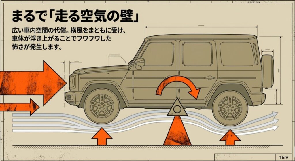 車体側面が風を受ける様子と、車体が浮き上がることで発生するフワフワした怖さを説明するサイドビューイラスト。
