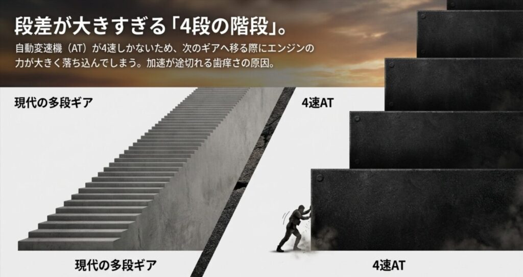 4速ATのギヤ比を段差の大きい「4段の階段」に例え、加速が途切れる原因を視覚化した比較スライド 。