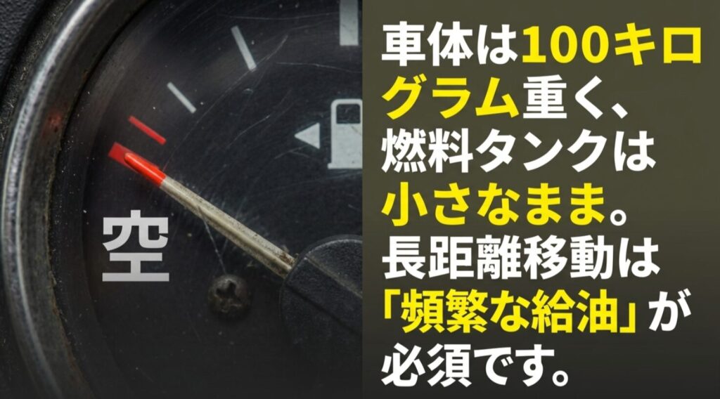 100kgの重量増や燃料タンク容量の小ささによる頻繁な給油の必要性についての説明