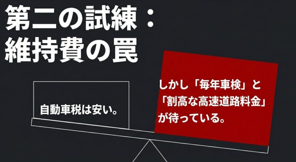 「第二の試練：維持費の罠。自動車税は安い。しかし毎年車検と割高な高速道路料金が待っている。」という維持費解説スライド画像