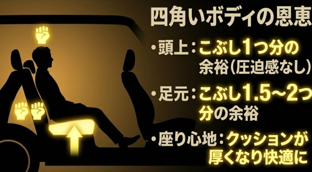 ムニーノマドの頭上空間にこぶし1つ分の余裕があり、シートクッションも厚くなったことを説明する図 