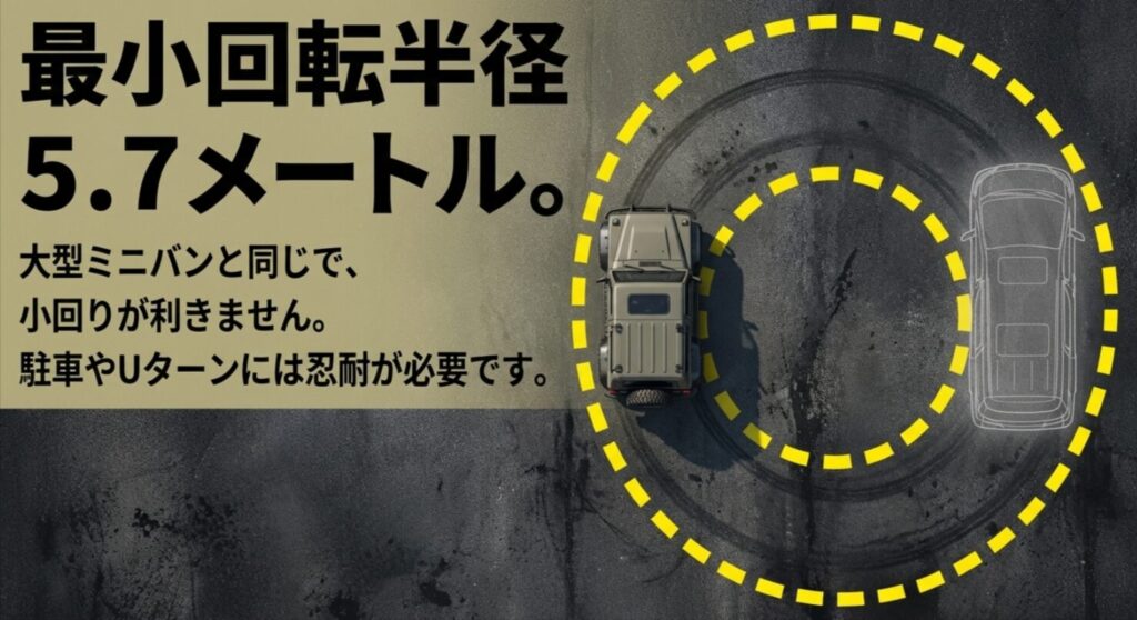 ジムニーノマドの最小回転半径5.7mが大型ミニバンと同等で小回りが利かないことを警告する内容。