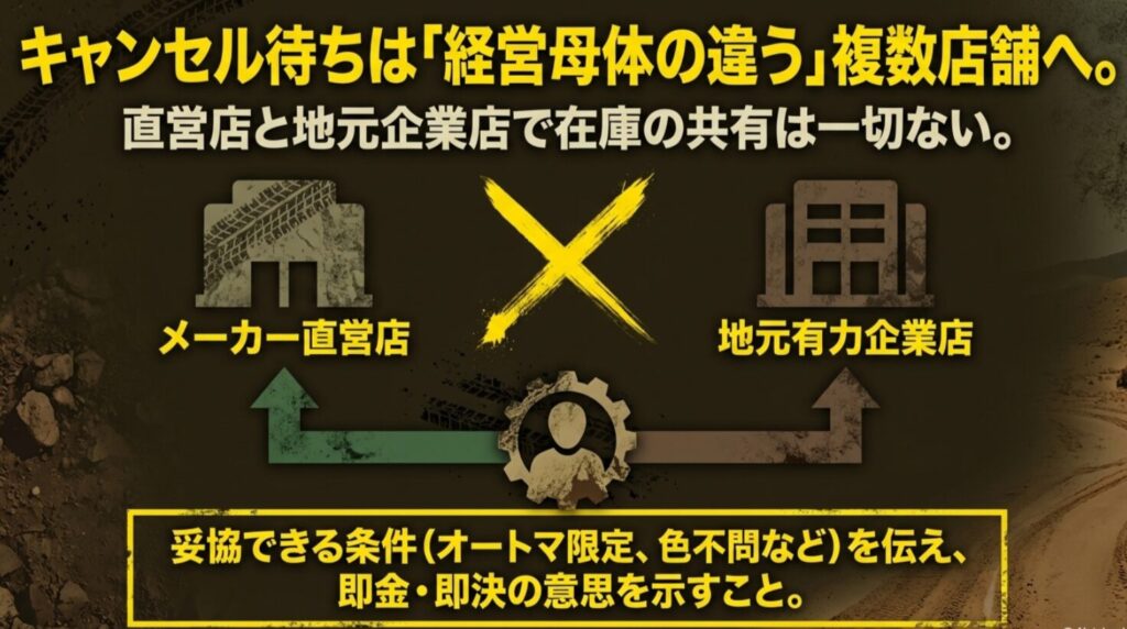 メーカー直営店と地元企業店（アリーナ）では在庫が共有されないため、両方にキャンセル待ちを登録する重要性を説いたスライド 。
