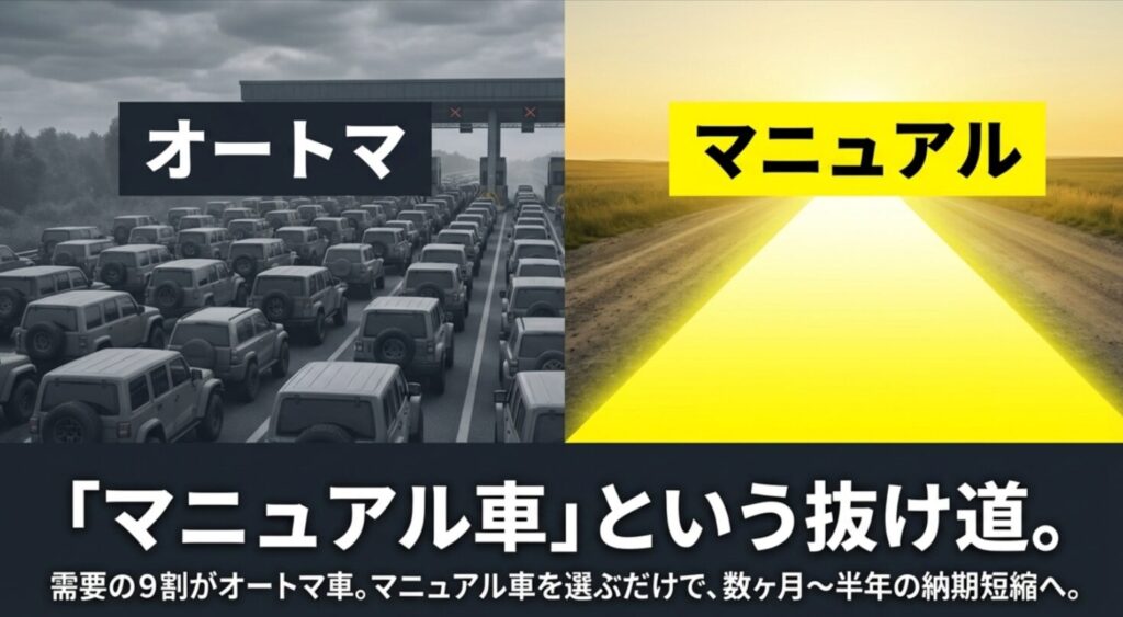 需要の9割がオートマ車（AT）の中、マニュアル車（MT）を選ぶだけで納期が大幅に短縮されることを示す図解