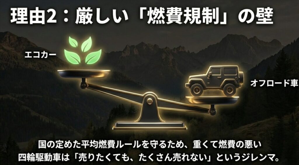 国の平均燃費ルールを守るため、燃費の悪い四輪駆動車を多く売れないメーカーのジレンマを解説した図