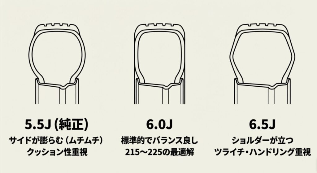 5.5J（ムチムチ感）、6.0J（標準バランス）、6.5J（ショルダー立ち）によるタイヤ断面形状の違いを示す図解。