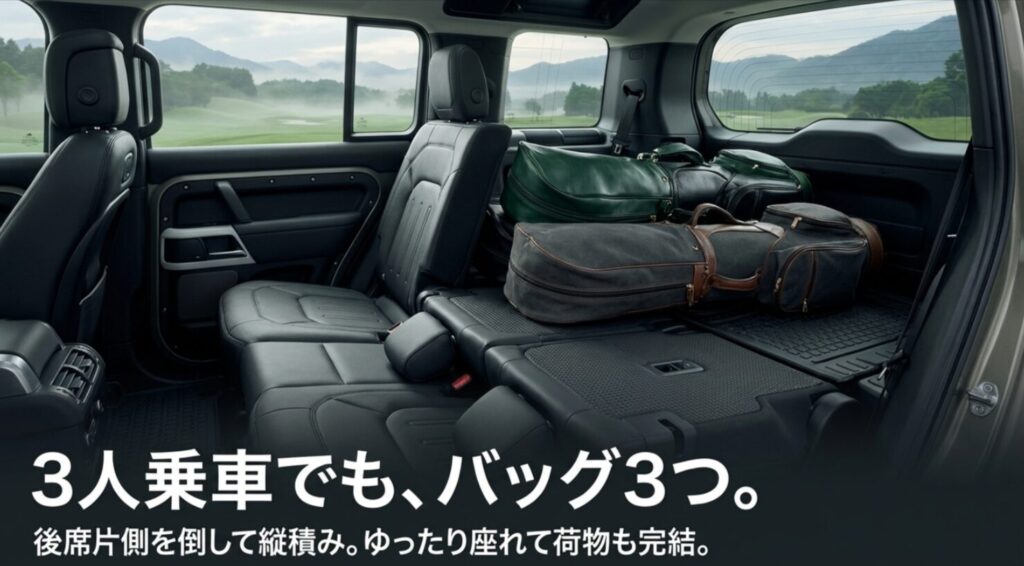 ジムニーノマドの後席片側を倒してゴルフバッグを3つ縦積みにしたシートアレンジの解説