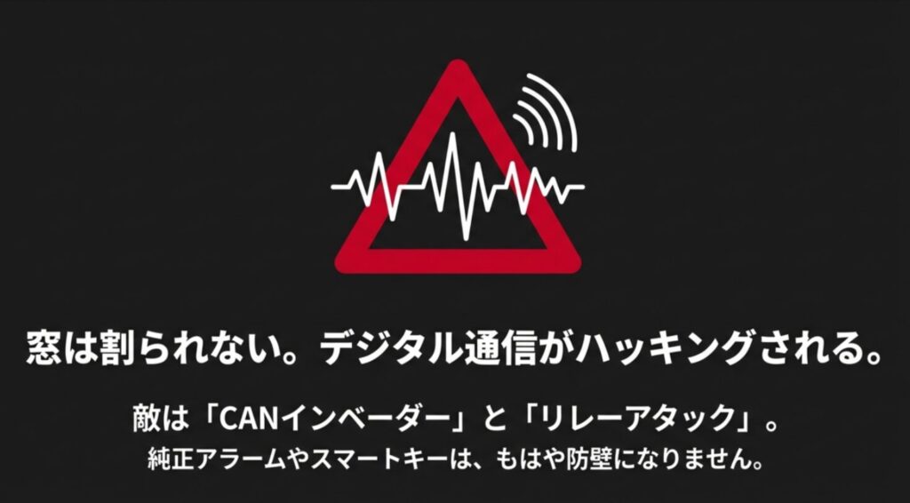 CANインベーダーやリレーアタックによるデジタル通信ハッキングの警告図