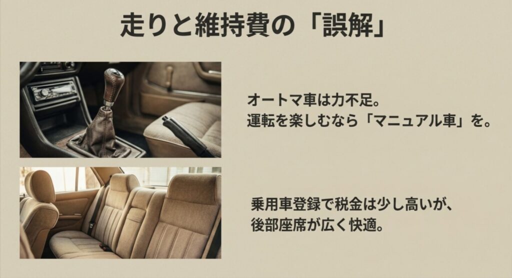 オートマ車の力不足やマニュアル車の推奨、5ナンバー登録による税金と後部座席の快適性の違いをまとめたスライド 。