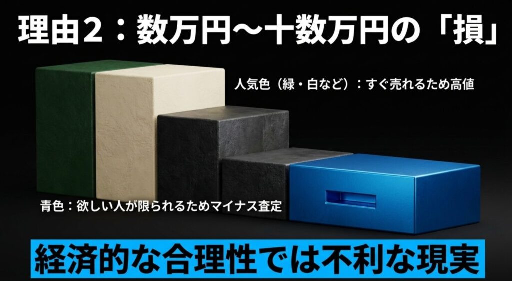 人気色は高値で売れるが、青色は欲しい人が限られるためマイナス査定になりやすいという経済的現実を示す比較図
