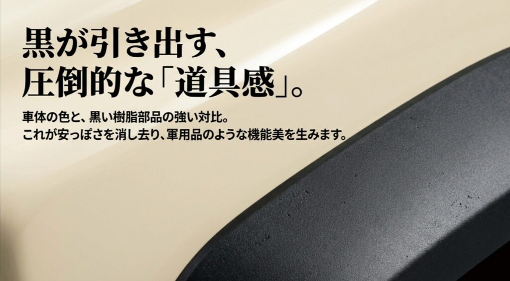 アイボリーの車体と黒い樹脂部品の強い対比が軍用品のような機能美を生むことを説明するスライド