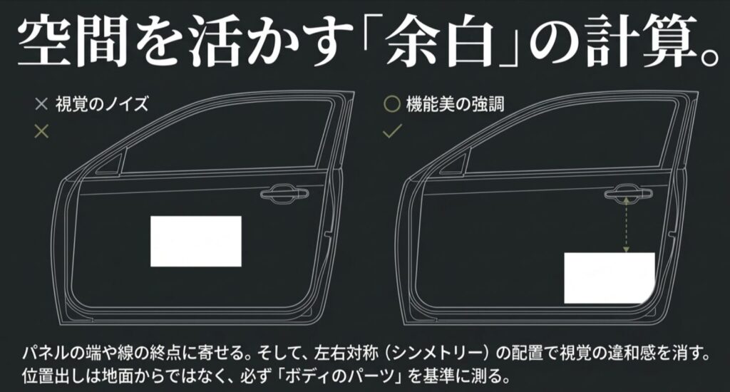 ドアパネルの中央に貼るのではなく、パネルの端や線の終点に寄せて余白を活かす、機能美を強調する配置手法。