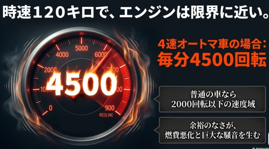 時速120km走行時にエンジン回転数が4500回転に達し、レッドラインに迫る様子を描いたタコメーターのイラスト 