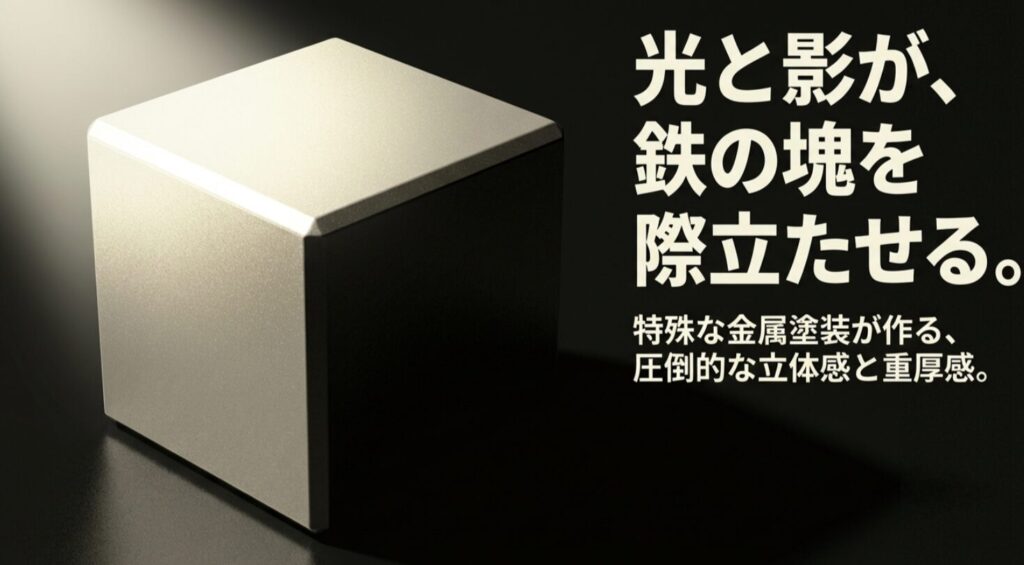 メタリック塗装による圧倒的な立体感と重厚感が生む「鉄の塊」としてのジムニーを説明するスライド
