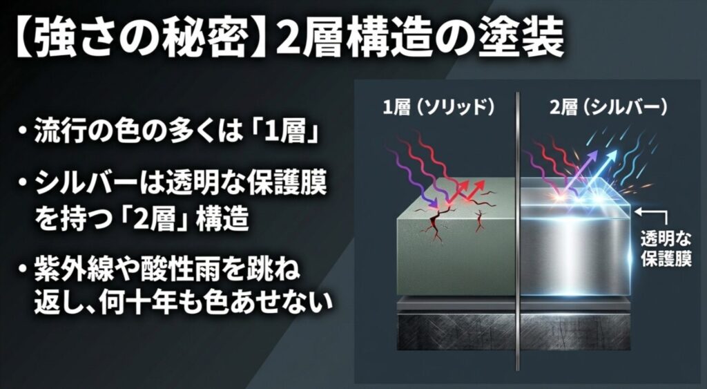 流行の1層塗装とシルバーの2層構造を比較し、紫外線や酸性雨に強い仕組みを解説したスライド。