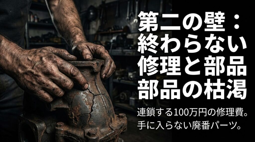 修理費100万円の連鎖と廃番パーツの枯渇を説明するスライド