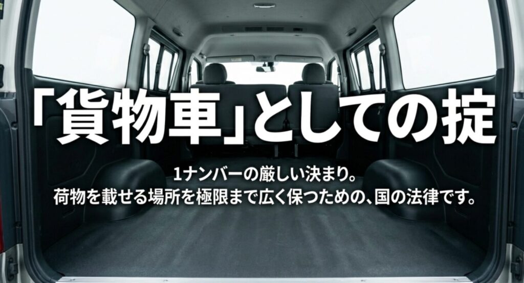 荷室を広く保つための法律（1ナンバーの掟）により後部座席が制限されていることを示すスライド