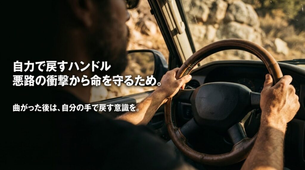 悪路の衝撃から守るための設計理由と、曲がった後に手動でハンドルを戻す必要性を説明したスライド