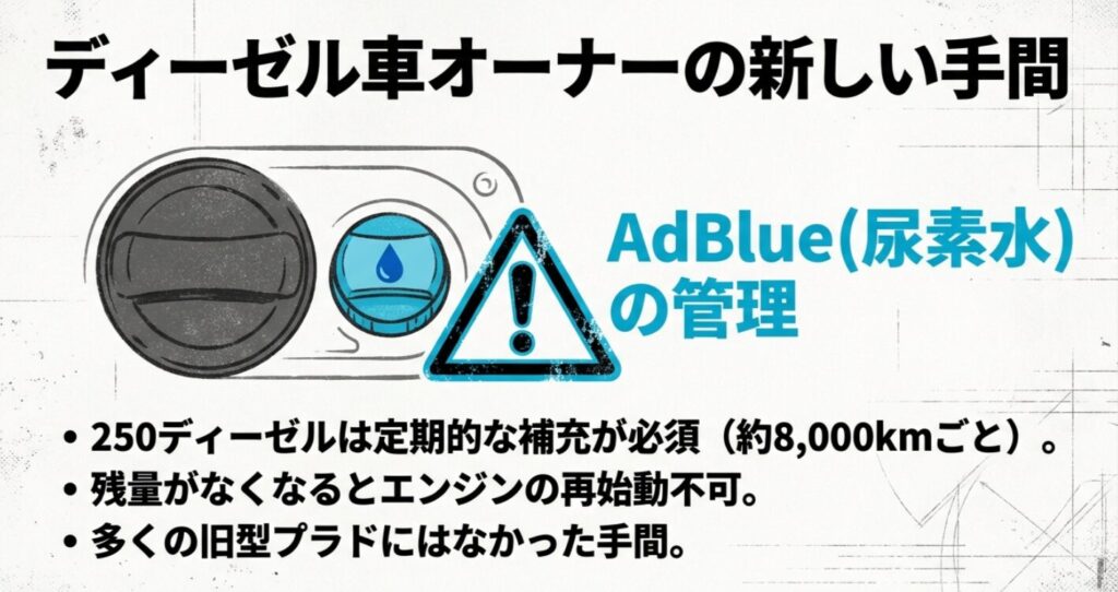 ランクル250ディーゼル車に必要な尿素水AdBlueの補充頻度や、残量ゼロでの再始動不可リスクに関する注意点 。