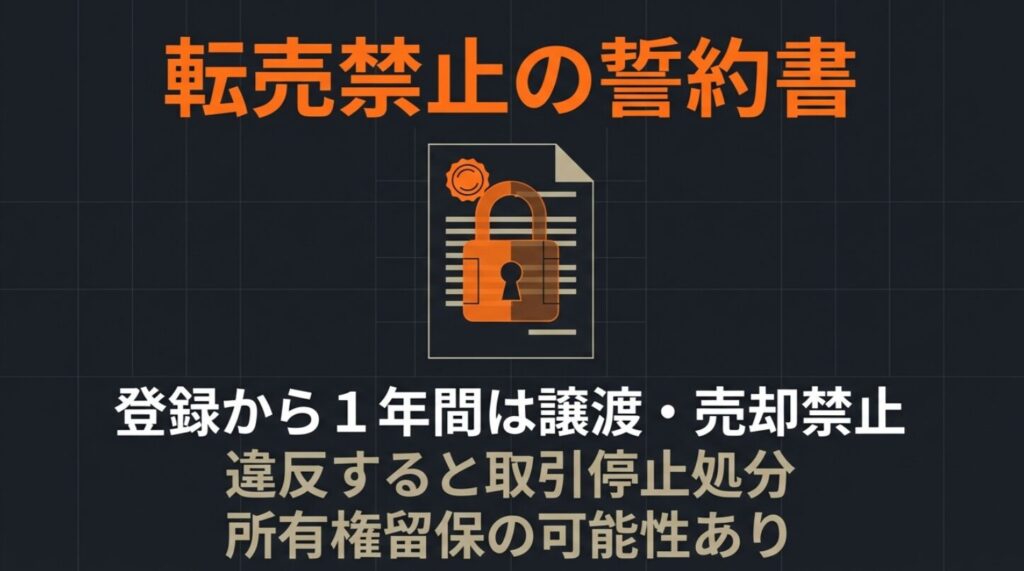 登録から1年間は譲渡・売却禁止とする誓約書と違反時の取引停止処分に関する解説図