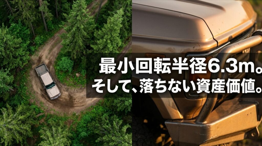 ランクル70シングルキャブの最小回転半径6.3mと高いリセールバリューを説明する画像。