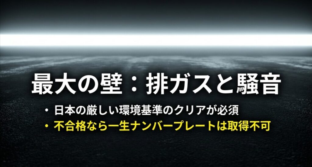 日本の厳しい環境基準クリアが必須であり、不合格ならナンバー取得不可となる排ガス・騒音試験のリスク解説
