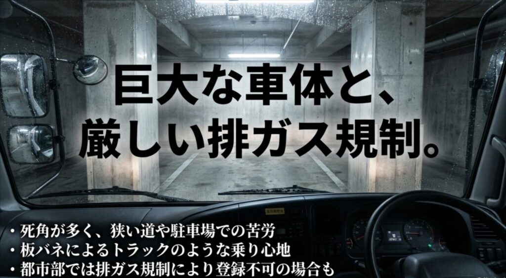 巨大な車体による死角、乗り心地、都市部でのNOx・PM法による登録制限の注意点。