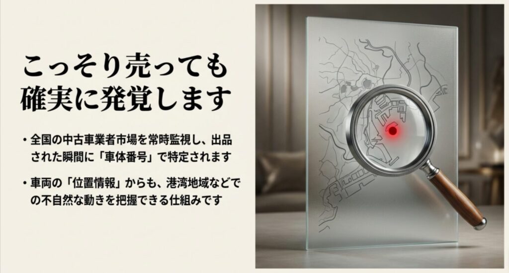 中古車市場の常時監視と車体番号での特定、車両位置情報による輸出検知の仕組み