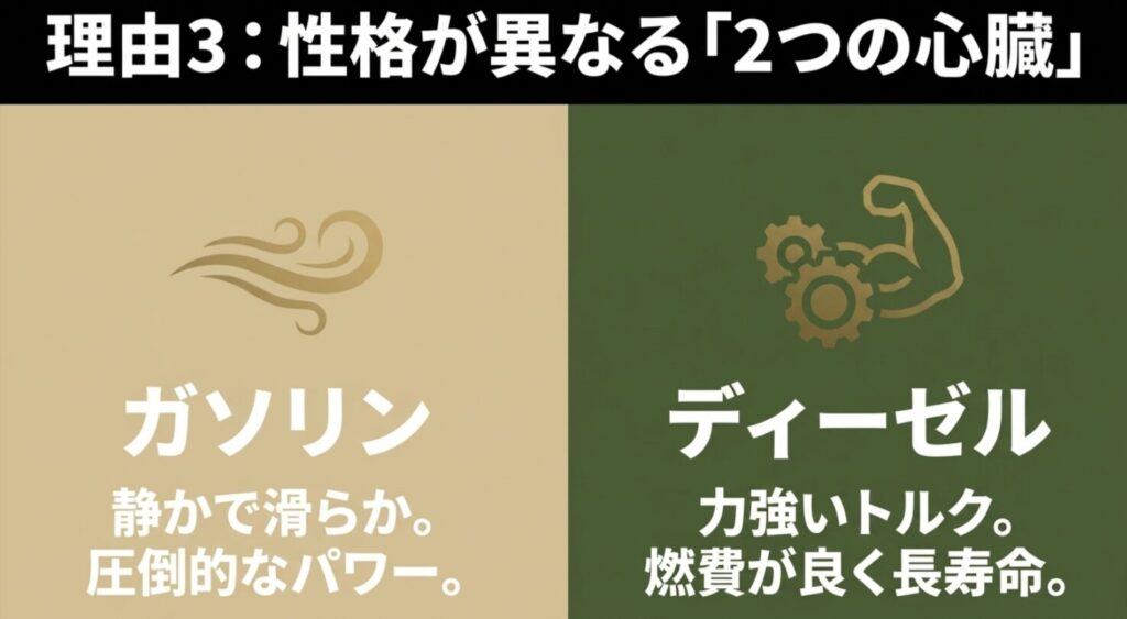 静かでパワフルなガソリンエンジンと、力強いトルクで長寿命なディーゼルエンジンの比較