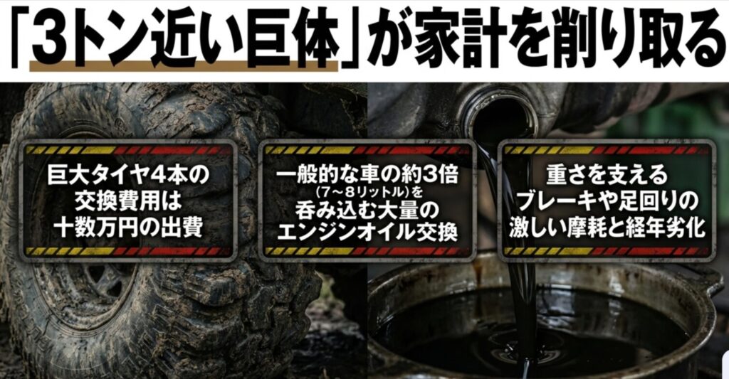 ランドクルーザー100の巨大なタイヤ交換費用（十数万円）や大量のエンジンオイル、ブレーキ・足回りの激しい摩耗を解説する画像