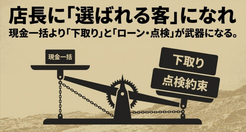 現金一括よりも下取りやローン、点検の約束が有利に働くことを示す販売店攻略スライド画像