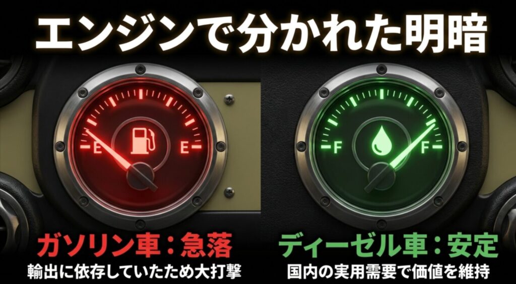 輸出依存で大打撃を受けたガソリン車と、国内需要で価値を維持するディーゼル車のリセール比較スライド